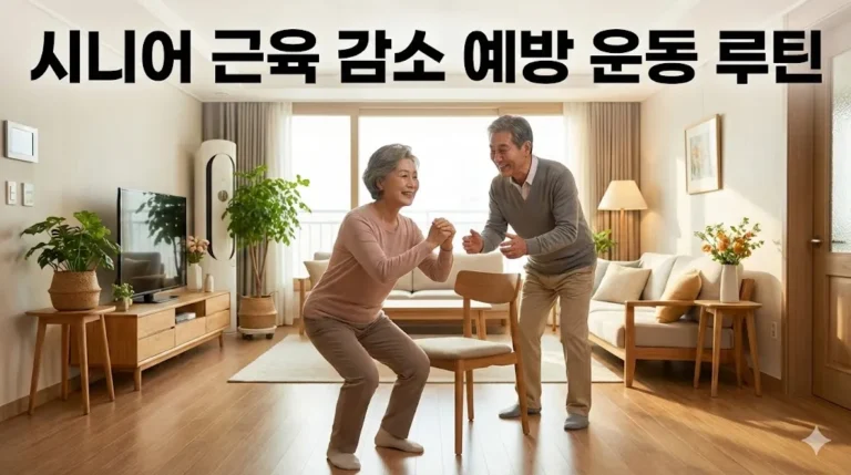 시니어 부부가 한국 아파트 거실에서 근육 감소 예방을 위한 의자 스쿼트 운동을 하고 있는 모습