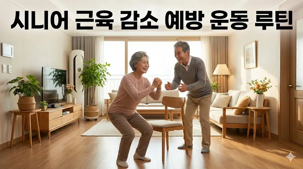 시니어 부부가 한국 아파트 거실에서 근육 감소 예방을 위한 의자 스쿼트 운동을 하고 있는 모습