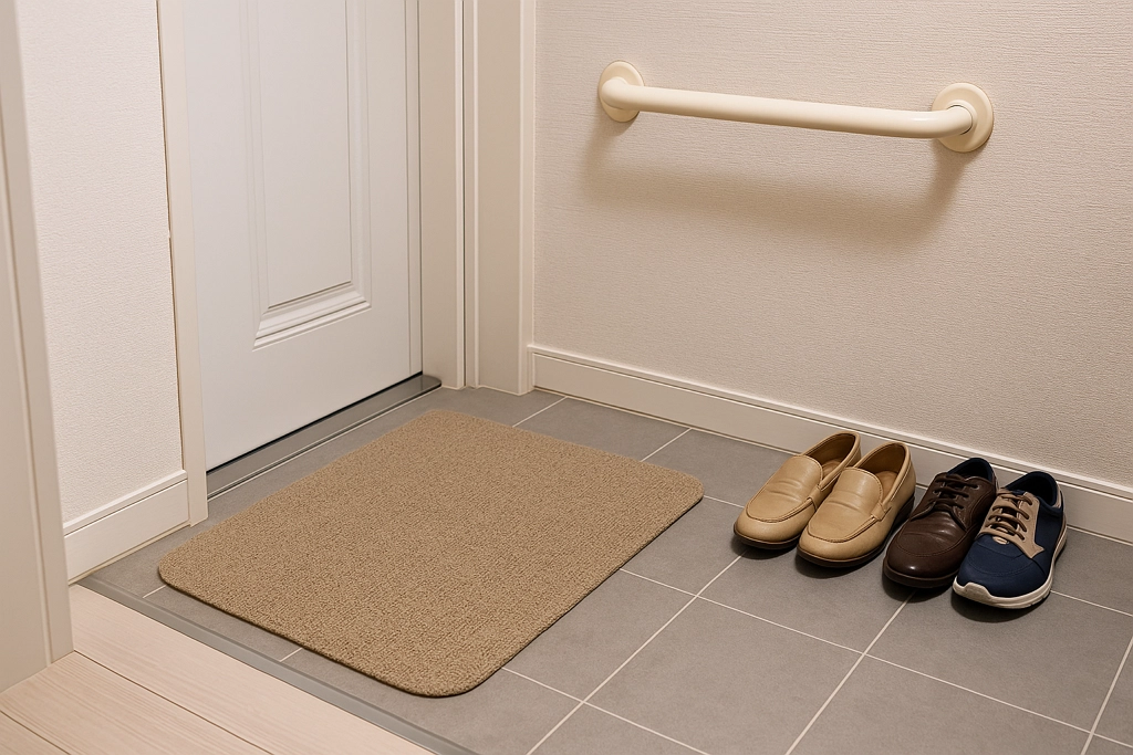 미끄럼 방지 매트와 손잡이를 설치한 한국 아파트 현관