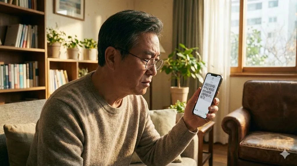 마트폰 보이스피싱 문자를 의심스럽게 바라보는 시니어의 모습