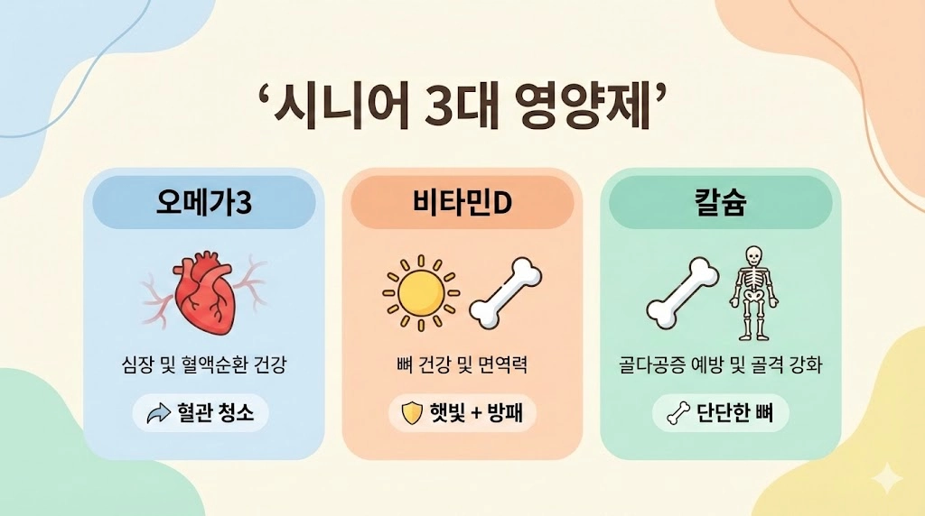 시니어를 위한 오메가3·비타민D·칼슘 핵심 영양제 구조 인포그래픽