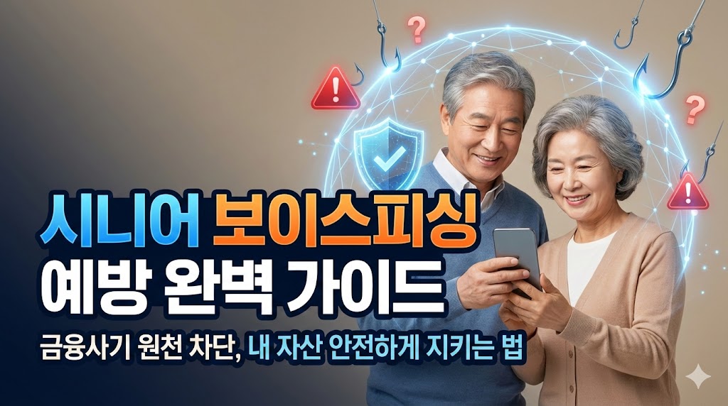 스마트폰 보안 설정을 확인하며 미소 짓는 시니어 부부와 보이스피싱을 막아내는 디지털 방패 이미지