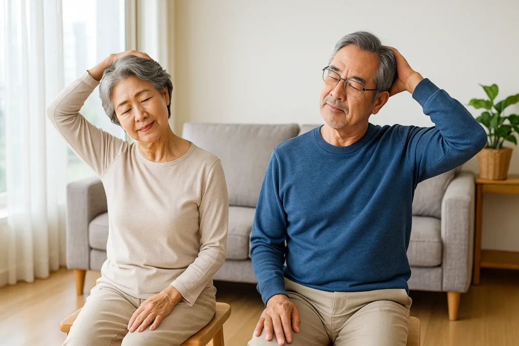 의자에 앉아 어깨 스트레칭을 하는 70대 한국 시니어 남녀의 모습