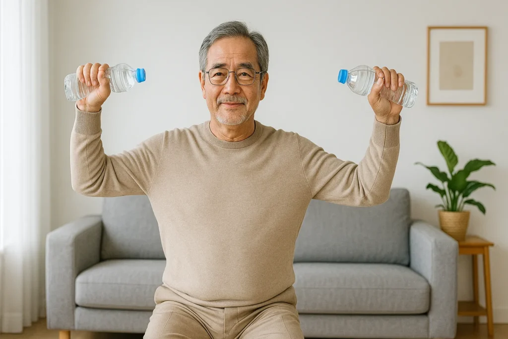 생수병을 들고 어깨 운동을 하는 60대 한국 시니어 남성