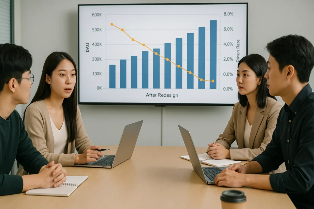 서비스 지표 개선 결과를 보며 회의하는 서비스기획자, PM, PO 팀