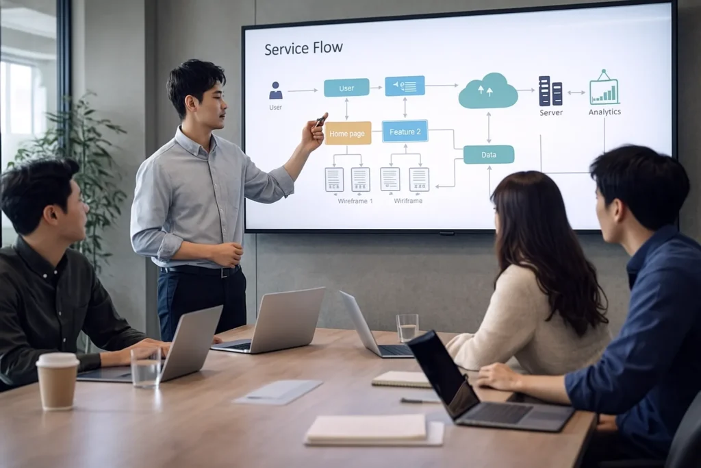 서비스기획자의 역할을 설명하는 다이어그램을 보는 실무자들 모습