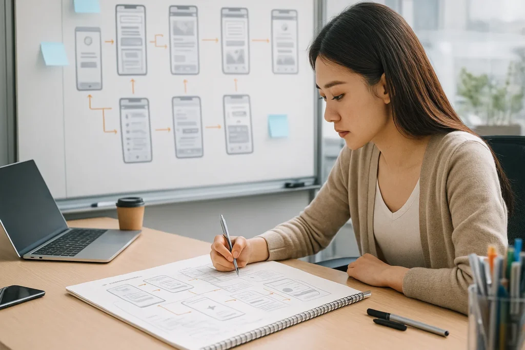 모바일 앱 화면을 보며 UX를 체크하는 서비스 기획자
