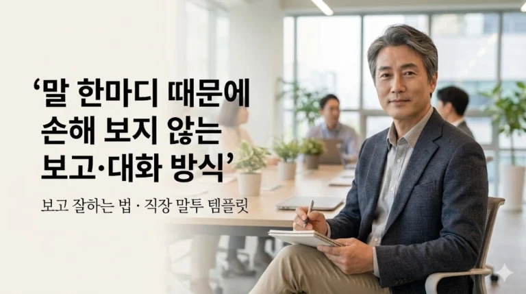 말 한마디 때문에 손해 보지 않는 4060 직장인 보고·대화 방식과 직장 말투를 설명하는 대표 이미지
