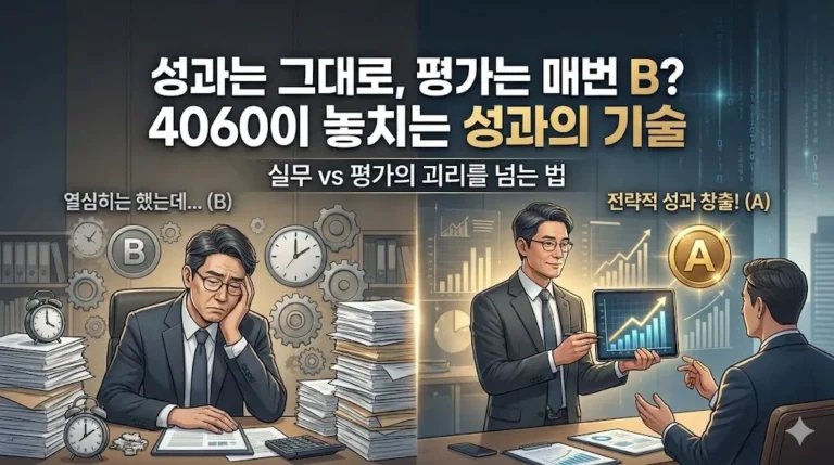 인사평가 등급 B를 받고 고민하는 직장인과 전략적 성과 보고로 A를 받는 직장인의 대비 모습