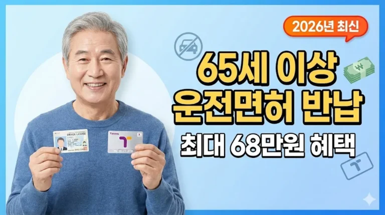 65세 이상 고령 운전자가 운전면허증과 교통카드를 들고 있는 모습, 최대 68만원 혜택 안내