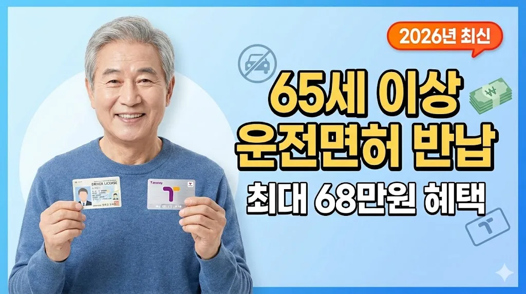 65세 이상 고령 운전자가 운전면허증과 교통카드를 들고 있는 모습, 최대 68만원 혜택 안내