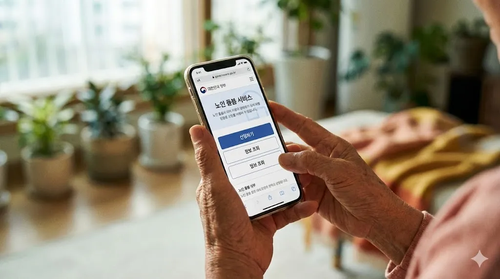 스마트폰으로 주민센터 연락처 확인하는 고령자