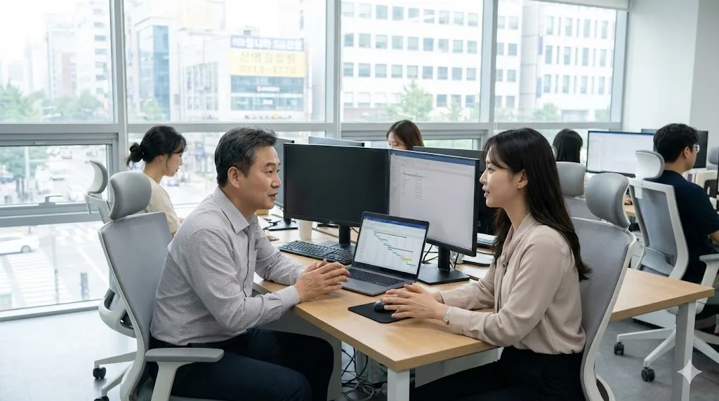 업무 일정 때문에 피드백을 나누는 팀장과 직원