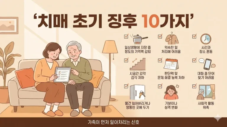 치매 초기 증상 10가지를 가족이 체크리스트로 확인하는 장면