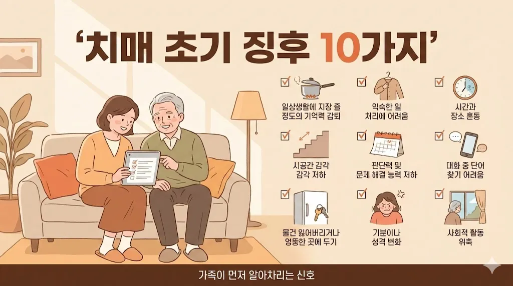 치매 초기 증상 10가지를 가족이 체크리스트로 확인하는 장면