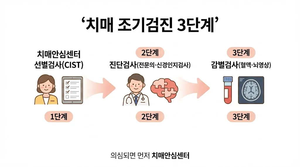 치매안심센터 선별검사부터 병원 진단·감별검사까지 3단계 흐름도