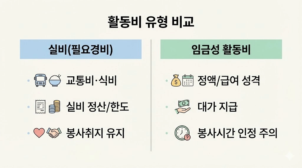 실비(필요경비)와 임금성 활동비의 차이를 비교한 표 형태 인포그래픽