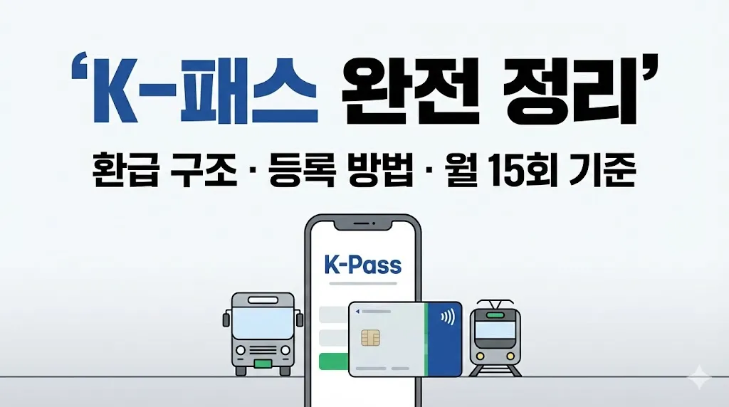 K-패스 완전 정리 인포그래픽 썸네일, 교통카드와 버스·지하철 아이콘을 활용해 환급 구조와 월 15회 기준을 한눈에 설명한 이미지
