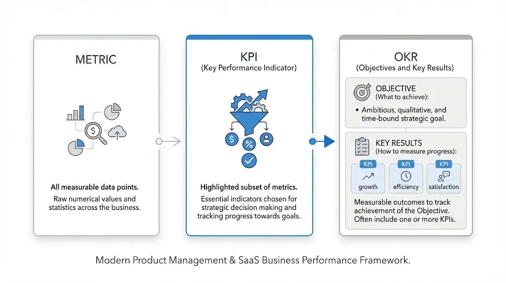 Metric, KPI, OKR의 차이와 관계를 한눈에 보여주는 다이어그램