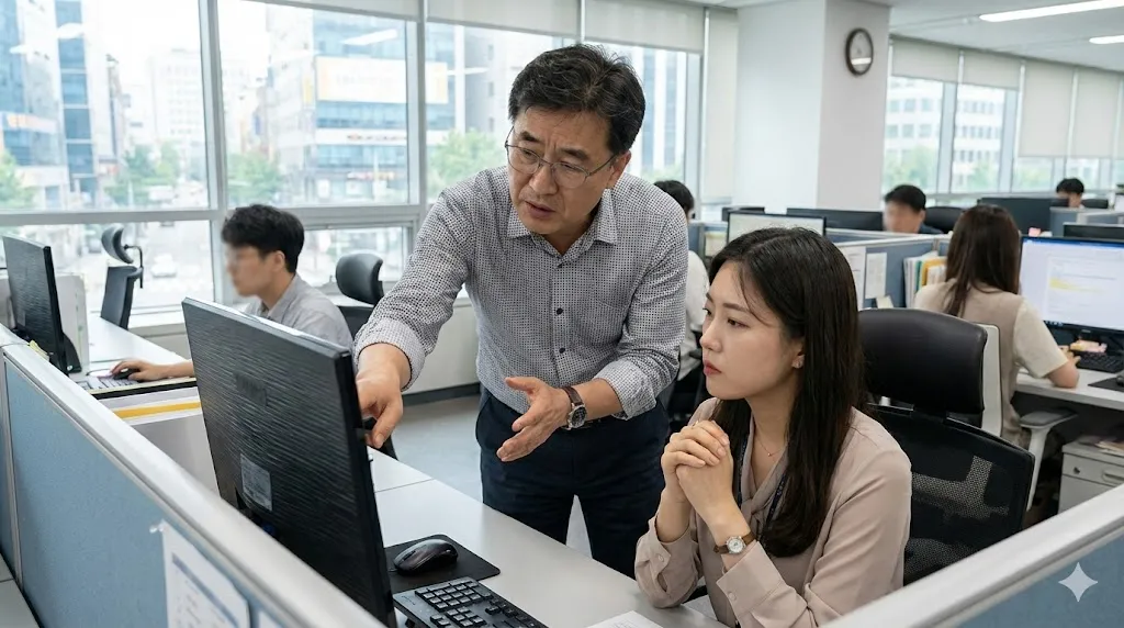 MZ세대 직원에게 업무 지시를 고민하는 중년 직장인