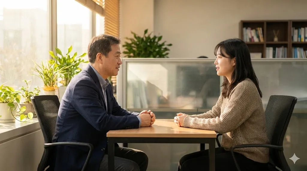 회의 후 1대1로 피드백을 나누는 팀장과 직원