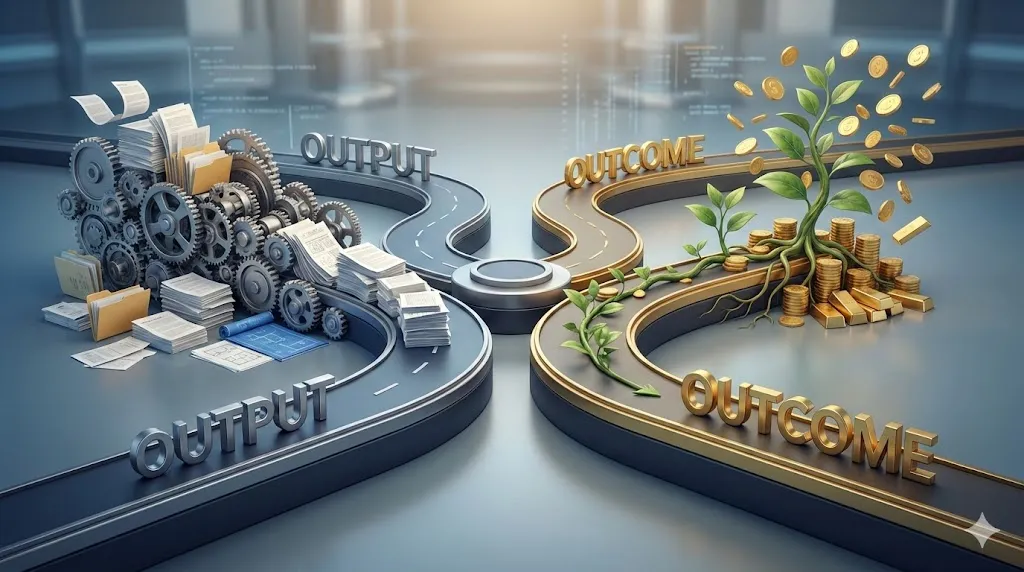 산출물(Output)과 성과(Outcome)의 차이를 설명하는 비즈니스 개념도