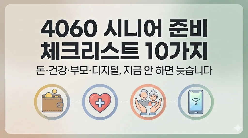 4060 시니어 준비 체크리스트 10가지 돈 건강 부모 디지털을 한눈에 정리한 이미지