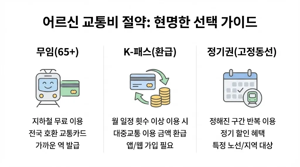 시니어 교통비 절감 선택표(무임승차·K-패스·정기권)