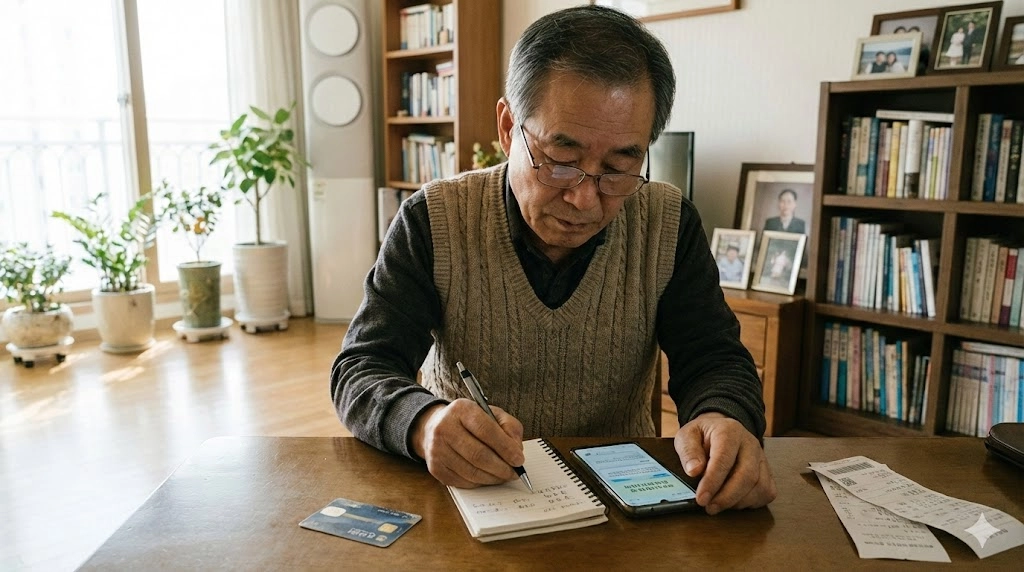 65세 이상 시니어가 자원봉사 참여를 고민하며 교통비와 식비 부담을 체크하는 장면