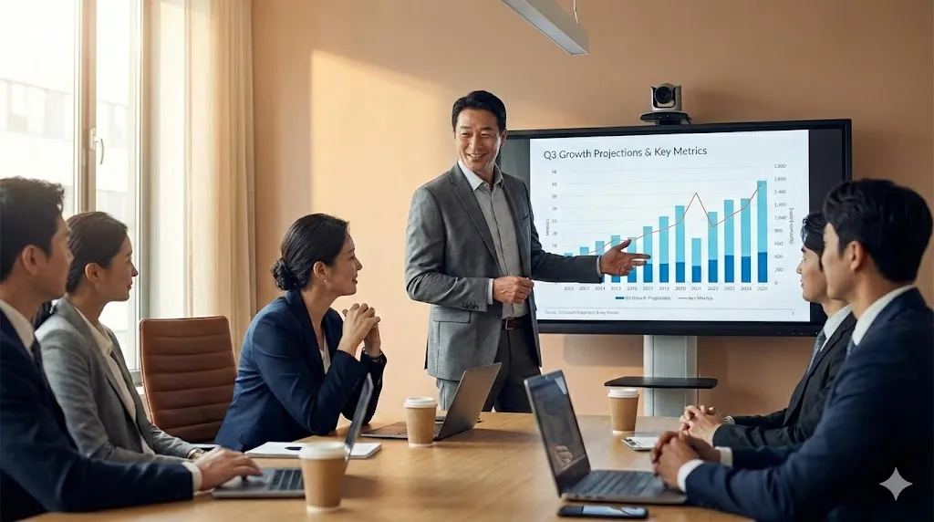 상급자와 소통하며 전략적 목표를 정렬하는 40대 팀장의 모습