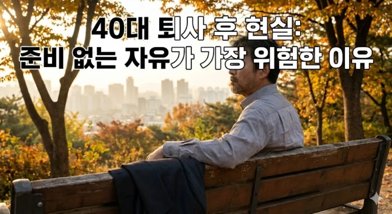 공원 벤치에 앉아 깊은 생각에 잠긴 40대 중년 남성의 뒷모습