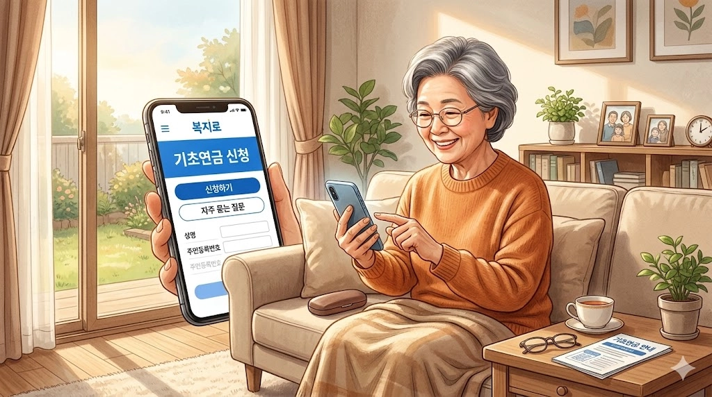 60대 어르신이 스마트폰으로 기초연금 온라인 신청하는 장면