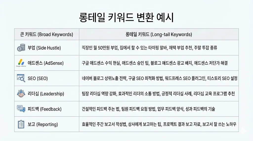 큰 키워드를 롱테일 키워드로 변환한 전후 비교 표