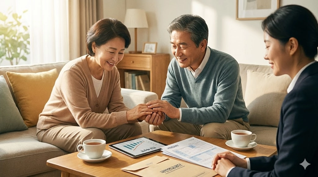 60대 부부가 국민연금 수령 시기를 함께 검토하는 모습