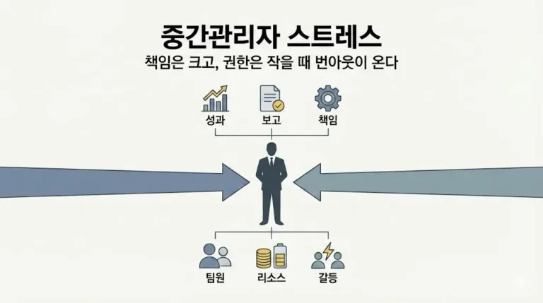 중간관리자가 위·아래 요구 사이에서 압박을 받는 구조를 보여주는 도식