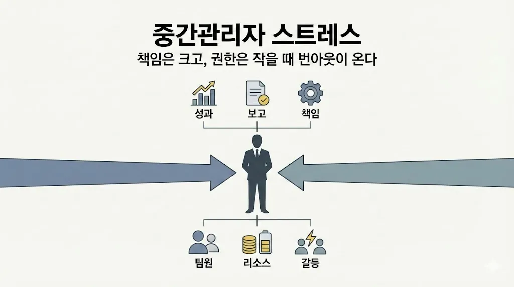 중간관리자가 위·아래 요구 사이에서 압박을 받는 구조를 보여주는 도식