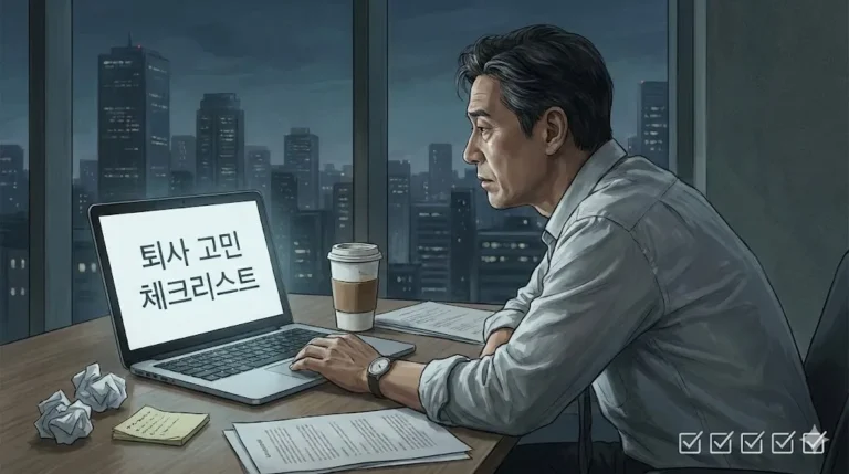 야근하는 4060세대 중장년 직장인 퇴사 고민을 하는 장면, 체크리스트 아이콘이 함께 보이는 이미지