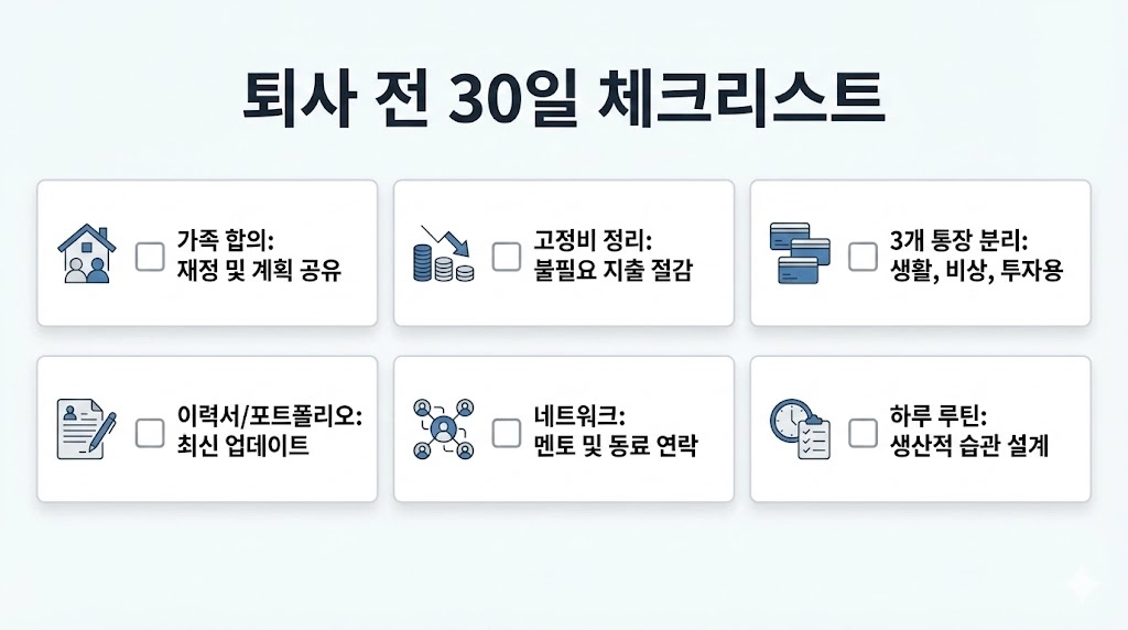 40대 퇴사 고민을 정리하는 퇴사 전 30일 준비 체크리스트 카드