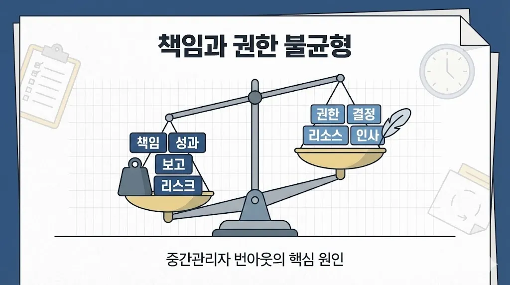 책임은 커지고 권한은 작아지는 불균형을 저울로 표현한 이미지