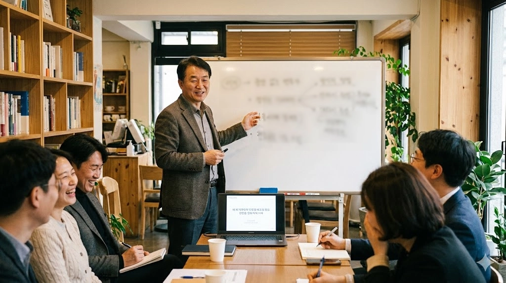 50대 남성이 소규모 세미나에서 경험을 나누며 은퇴 후 제2의 일을 준비하는 모습