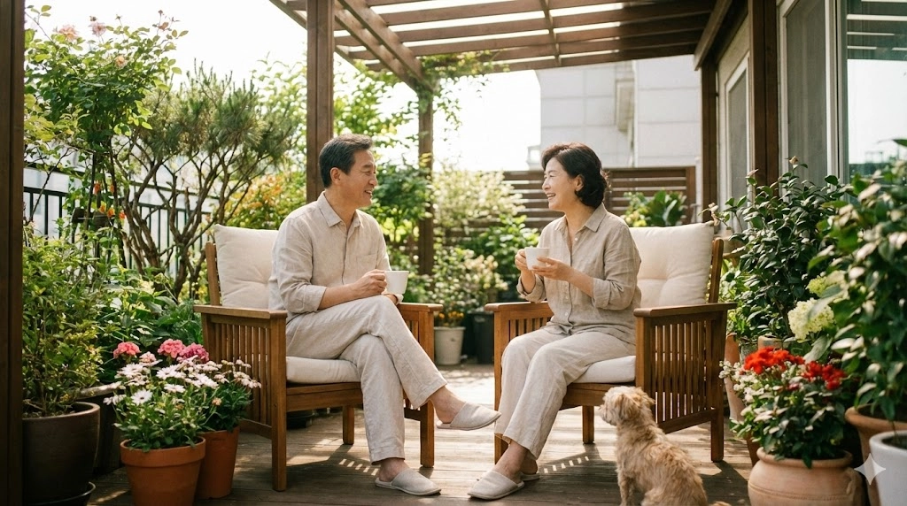 50대 부부가 테라스에서 커피를 마시며 은퇴 후 여유로운 일상을 즐기는 모습