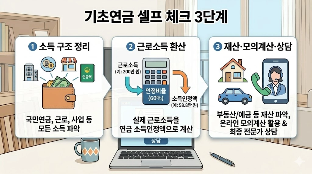 기초연금 셀프 체크 3단계 인포그래픽