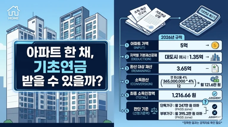 아파트와 기초연금 계산표가 함께 배치된 인포그래픽, 공시가격 기준 소득인정액 판단 이미지