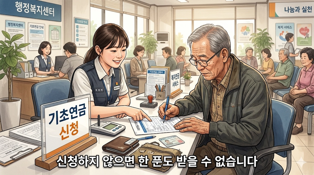 주민센터에서 기초연금 신청하는 65세 이상 어르신