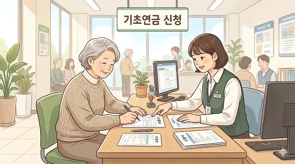 주민센터에서 기초연금 신청하는 60대 어르신 일러스트