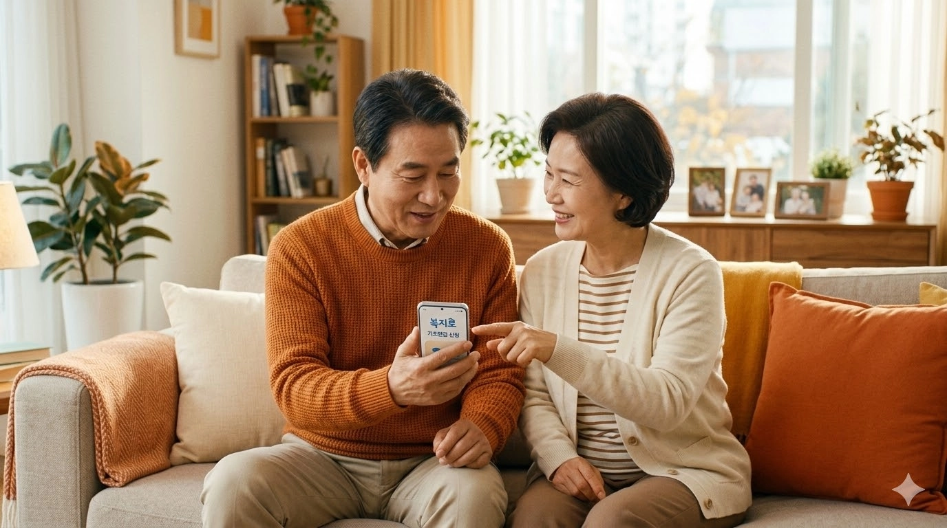 60대 부부가 스마트폰으로 기초연금 복지로 모의계산을 확인하는 장면