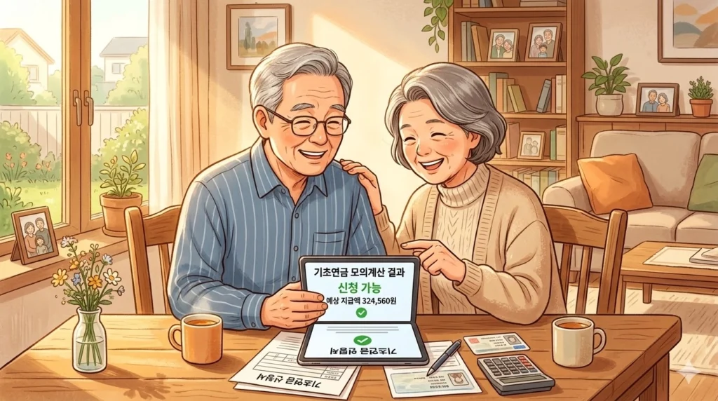 기초연금 신청을 준비하는 60대 부부 모의계산 확인 장면