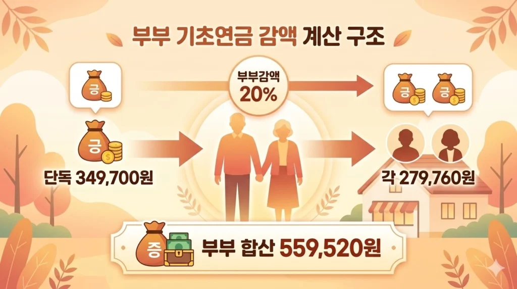 2026년 기초연금 부부감액 20% 계산 예시 - 단독 대비 부부 수령액 비교