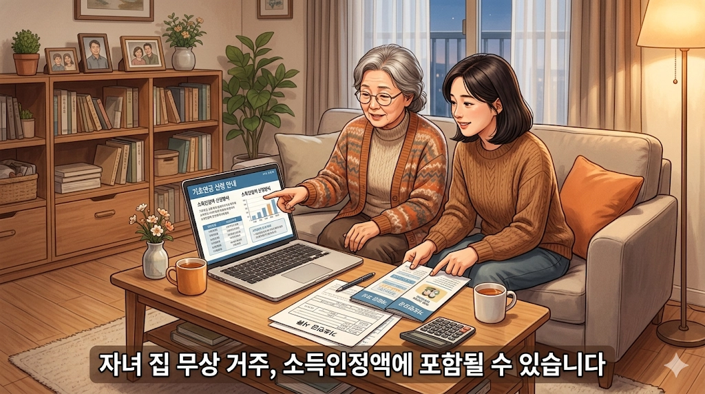 기초연금 무료임차소득 확인하는 노부모와 자녀 가족 장면