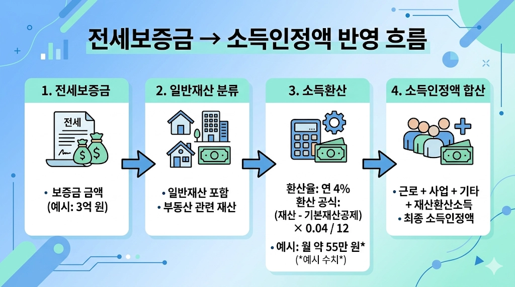 전세보증금이 기초연금 소득인정액으로 환산되는 단계 다이어그램